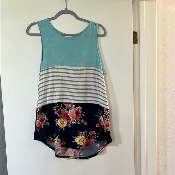 ADORA Teal, Gray, and Navy Floral Tank Top - Picture 1 of 6